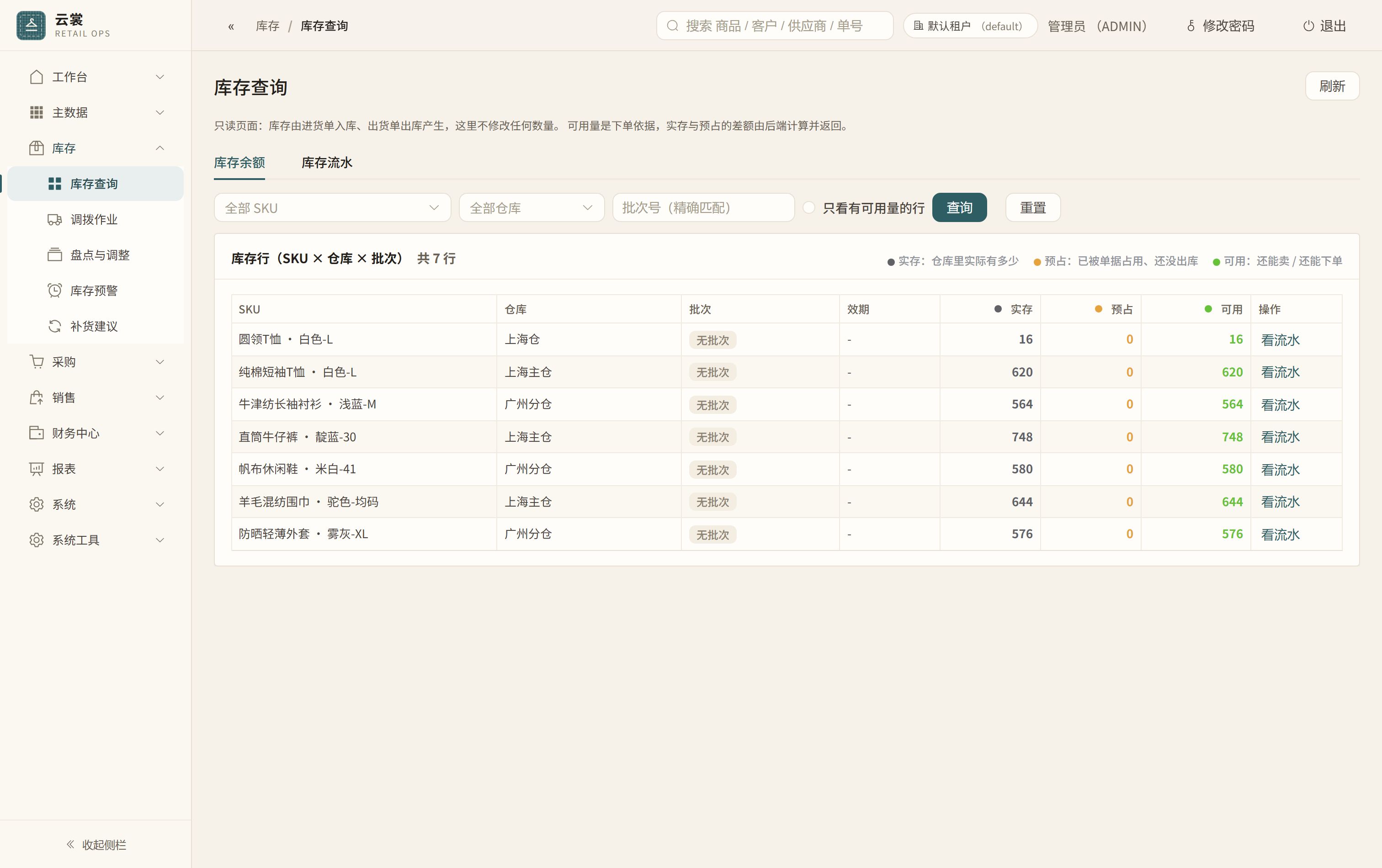 库存查询界面，同一件商品同时给出实存、预占、可用三个口径。